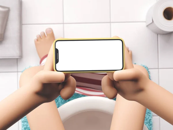 Cartoon device Mockup in bathroom interior. Cartoon hand holding phone down the toilet. 3d illustration. — Stock Photo, Image