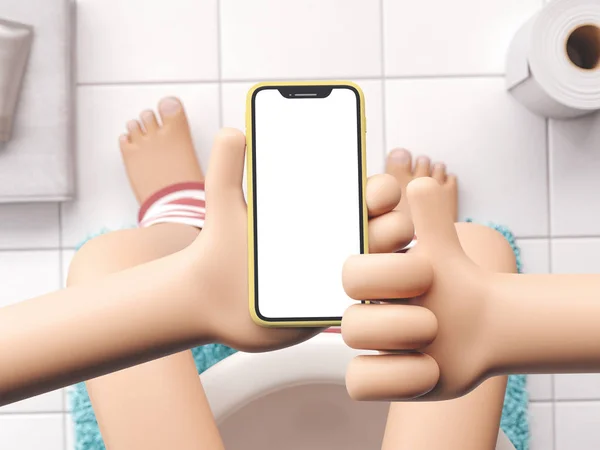 Urządzenie kreskówki Mockup we wnętrzu łazienki. Kreskówkowa ręka trzymająca telefon w toalecie. Ilustracja 3D. — Zdjęcie stockowe