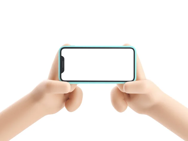 Συσκευή κινουμένων σχεδίων Mockup. Κινούμενο χέρι κρατώντας τηλέφωνο σε λευκό φόντο. 3D εικονογράφηση. — Φωτογραφία Αρχείου