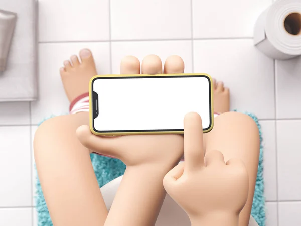 Desenhos animados dispositivo Mockup no interior do banheiro. Mão dos desenhos animados segurando o telefone na sanita. ilustração 3d . — Fotografia de Stock