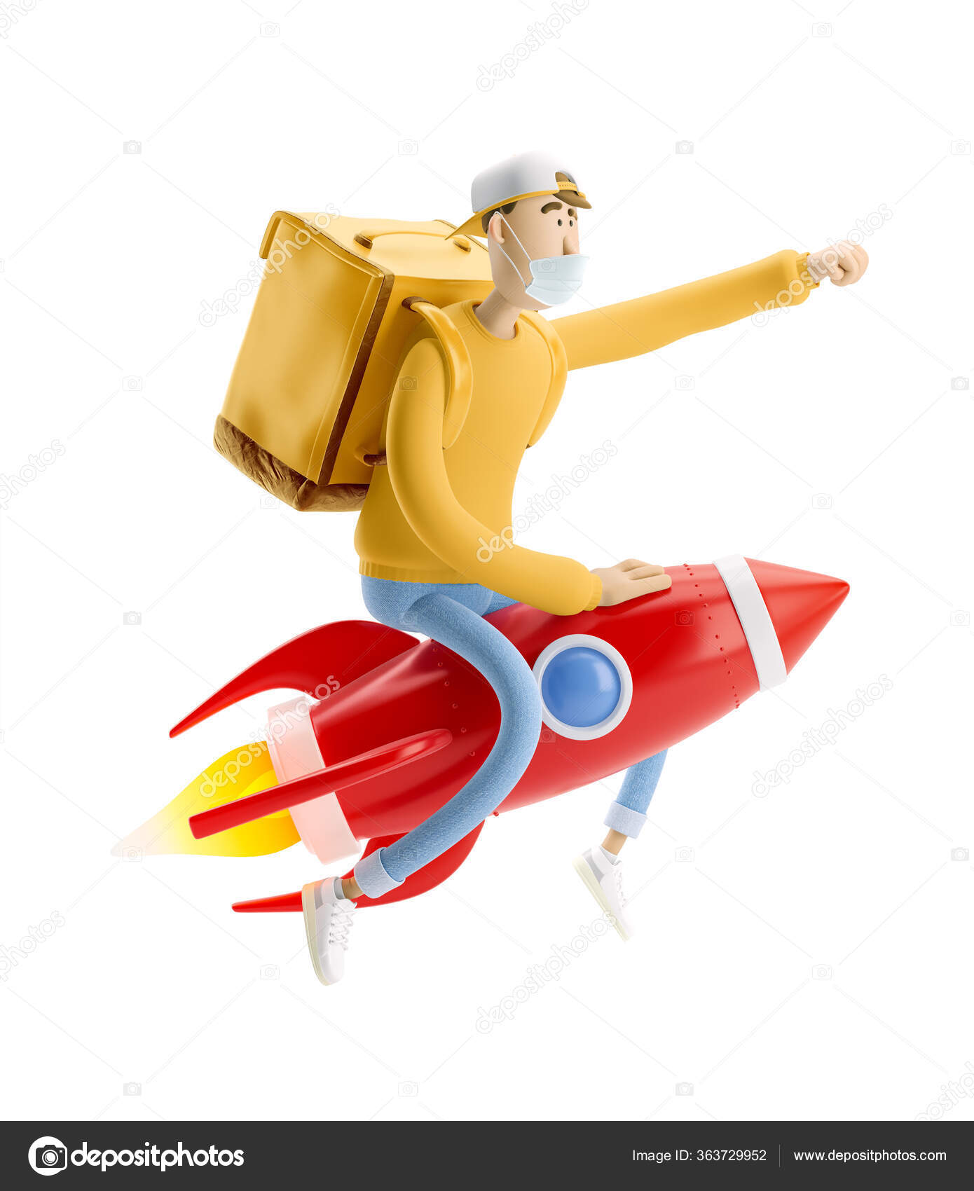 Express delivery concept. 3d illustration. Cartoon character. Delivery guy flies on a rocket with urgent order in medical mask and yellow uniform stands with the big bag. Stock Photo by ©bestpixels 363729952 Express delivery concept. 3d illustration. Cartoon character. Delivery guy flies on a rocket with urgent order in medical mask and yellow uniform stands with the big bag. Stock Photo by ©bestpixels 363729952
