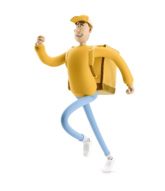 Hızlı teslimat konsepti. 3 boyutlu illüstrasyon. Çizgi film karakteri. Teslimatçı, sarı üniformalı acele sipariş almak için koşuyor. Yanında büyük çanta var.. 