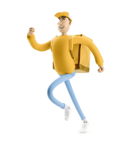 Koncept expresní dodávky. 3D ilustrace. Kreslená postava. Dodávka chlap běží, aby se spěch objednávky ve žluté uniformě stojí s velkým sáčkem. — Stock fotografie