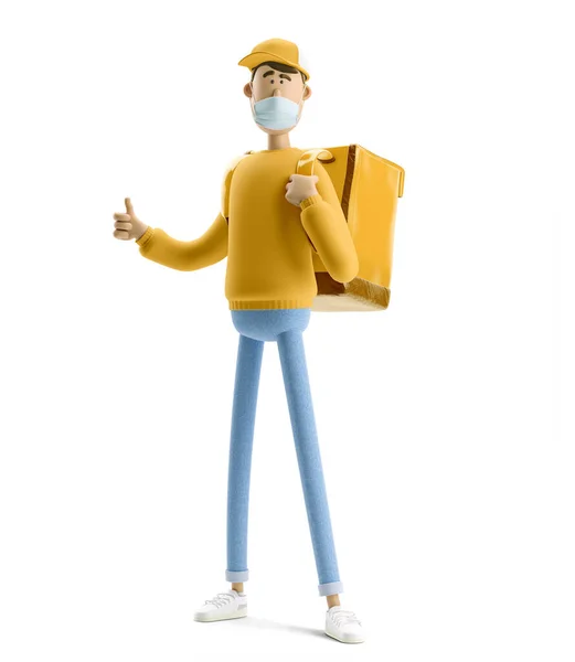 Concept de livraison sûr. Illustration 3D. Un personnage de bande dessinée. Livreur en masque médical et uniforme jaune se tient avec le gros sac . — Photo