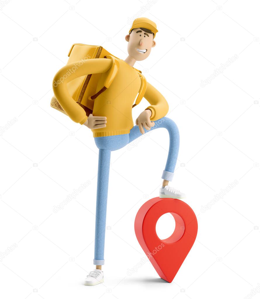 3d illustration. Cartoon character. Delivery guy in yellow uniform stands with the big bag and a red pin.