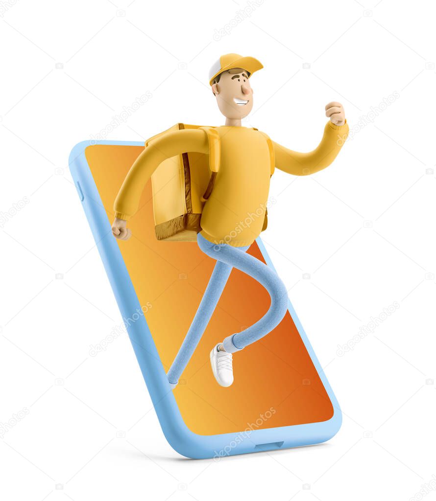 Express online delivery concept. 3d illustration. Cartoon character. Delivery guy is running to take a rush order in yellow uniform stands with the big bag. 