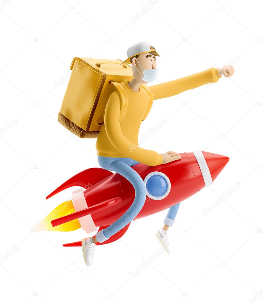 Express delivery concept. 3d illustration. Cartoon character. Delivery guy flies on a rocket with urgent order in medical mask and yellow uniform stands with the big bag. 