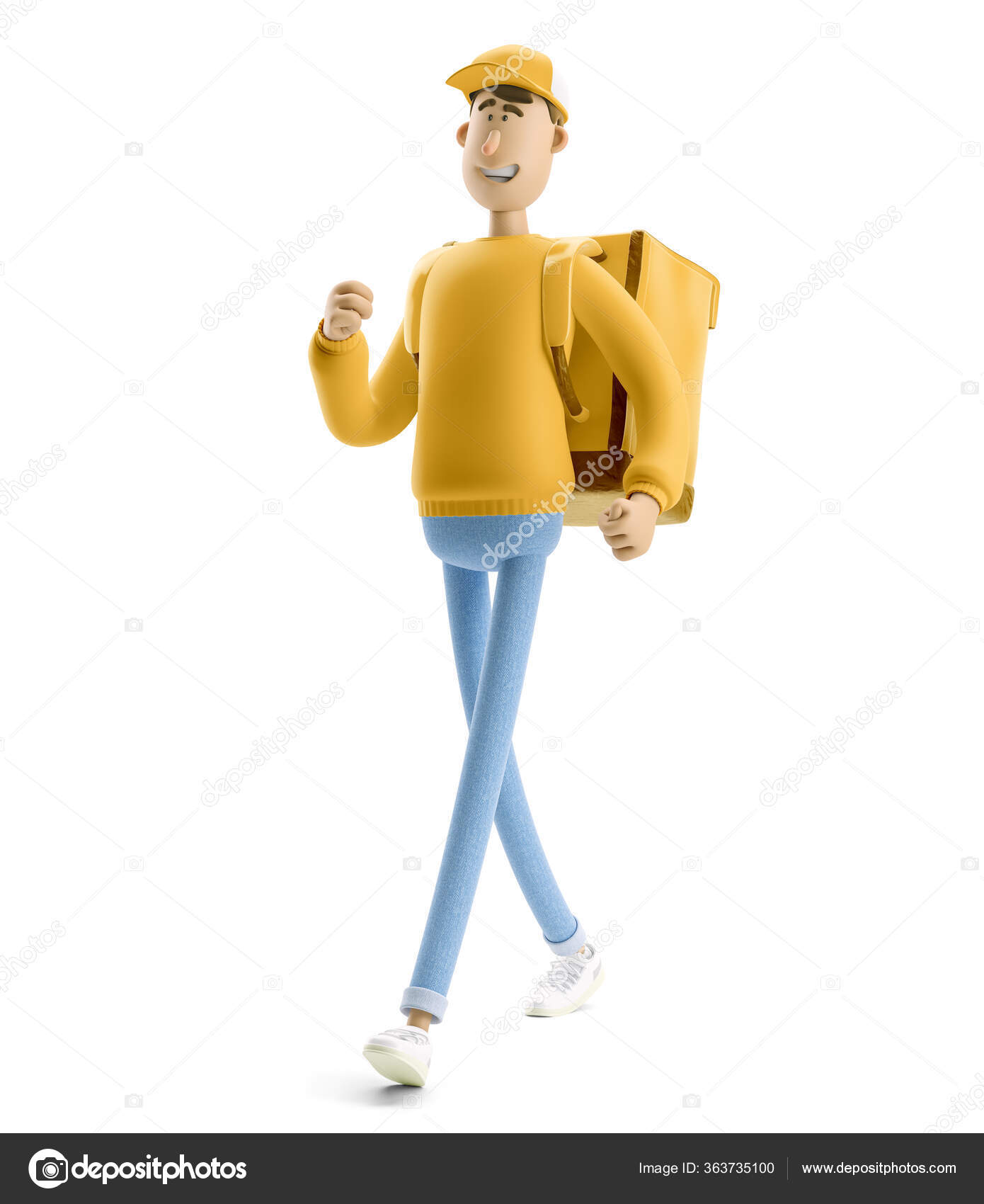 Express delivery concept. 3d illustration. Cartoon character. Delivery  underway guy is running to take a rush order in yellow uniform stands with  the big bag. Stock Photo by ©bestpixels 363735100