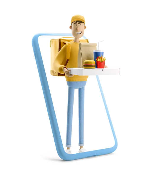 Conceito de entrega online. Ilustração 3d. Personagem de desenhos animados. Entrega cara em amarelo uniforme stands com fastfood e telefone grande . — Fotografia de Stock