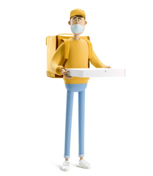 Concepto de entrega segura. Ilustración 3d. Personaje de dibujos animados. El repartidor con pizza en máscara médica y uniforme amarillo se para con la bolsa grande . — Foto de Stock