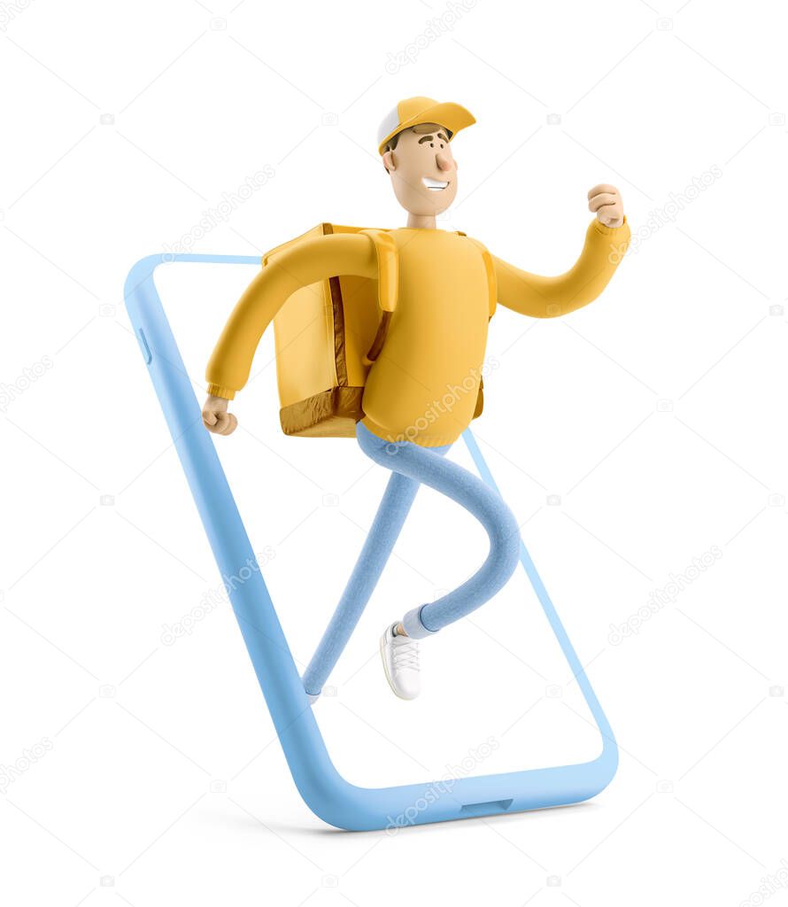 Express online delivery concept. 3d illustration. Cartoon character. Delivery guy is running to take a rush order in yellow uniform stands with the big bag. 