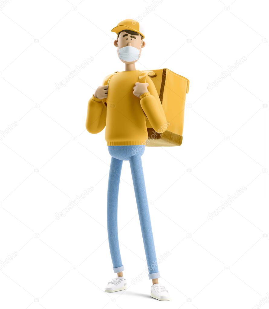 Safe delivery concept. 3d illustration. Cartoon character. Delivery guy in medical mask and yellow uniform stands with the big bag.