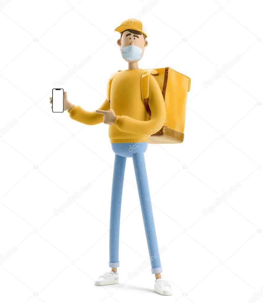 Online delivery concept. 3d illustration. Cartoon character. Delivery guy in medical mask and yellow uniform stands with the big bag and phone. Safe delivery concept.