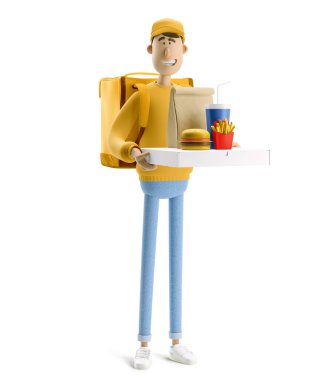 3 boyutlu illüstrasyon. Çizgi film karakteri. Sarı üniformalı pizzacı ve fast food getiren adam büyük çantayla ayakta duruyor..