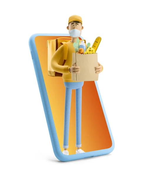 Concepto de entrega en línea. Ilustración 3d. Personaje de dibujos animados. Repartidor con bolsa de comestibles en soportes de máscara médica con teléfono grande . —  Fotos de Stock