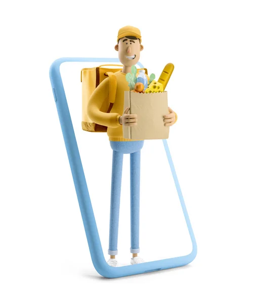 Concepto de entrega en línea. Ilustración 3d. Personaje de dibujos animados. Repartidor con bolsa de comestibles en uniforme amarillo con teléfono grande . — Foto de Stock