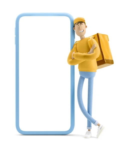 Online delivery concept. 3d illustration. Cartoon character. Delivery guy  in yellow uniform stands with the big bag and big phone. - Stock Image -  Everypixel