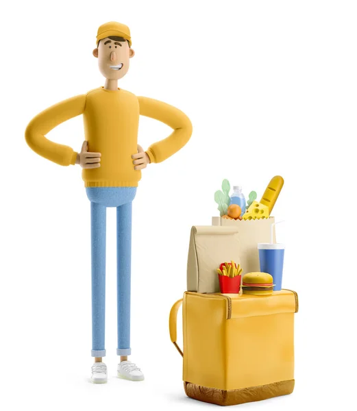 Biztonságos szállítási koncepció. 3D illusztráció. Rajzfilmfigura. A sárga egyenruhás futár élelmiszeres táskával és gyorskajával áll.. — Stock Fotó