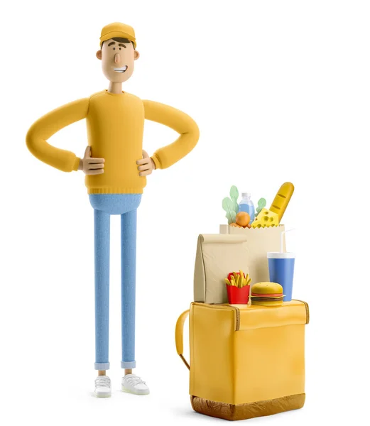 Safe delivery concept. 3d illustration. Cartoon character. Delivery guy in yellow uniform stands with grocery bag and fasfood.