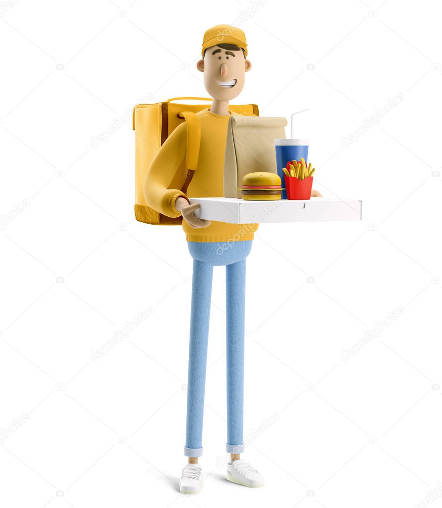 3d illustration. Cartoon character. Delivery guy with pizza and fastfood in yellow uniform stands with the big bag.