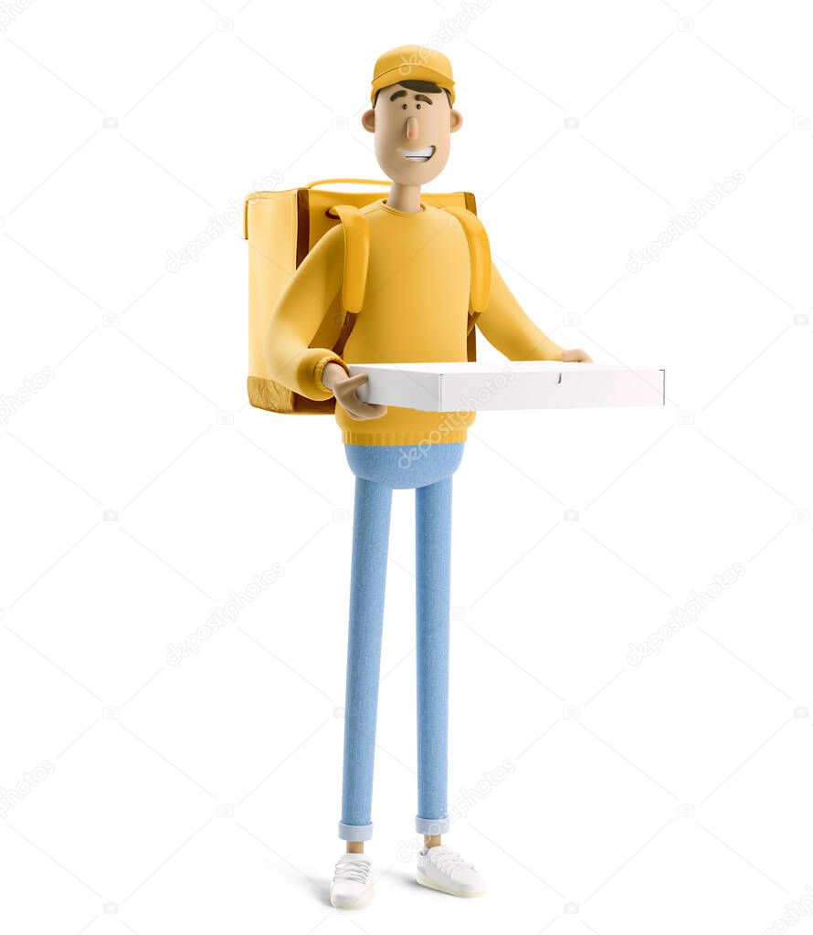 3d illustration. Cartoon character. Delivery guy with pizza in yellow uniform stands with the big bag.
