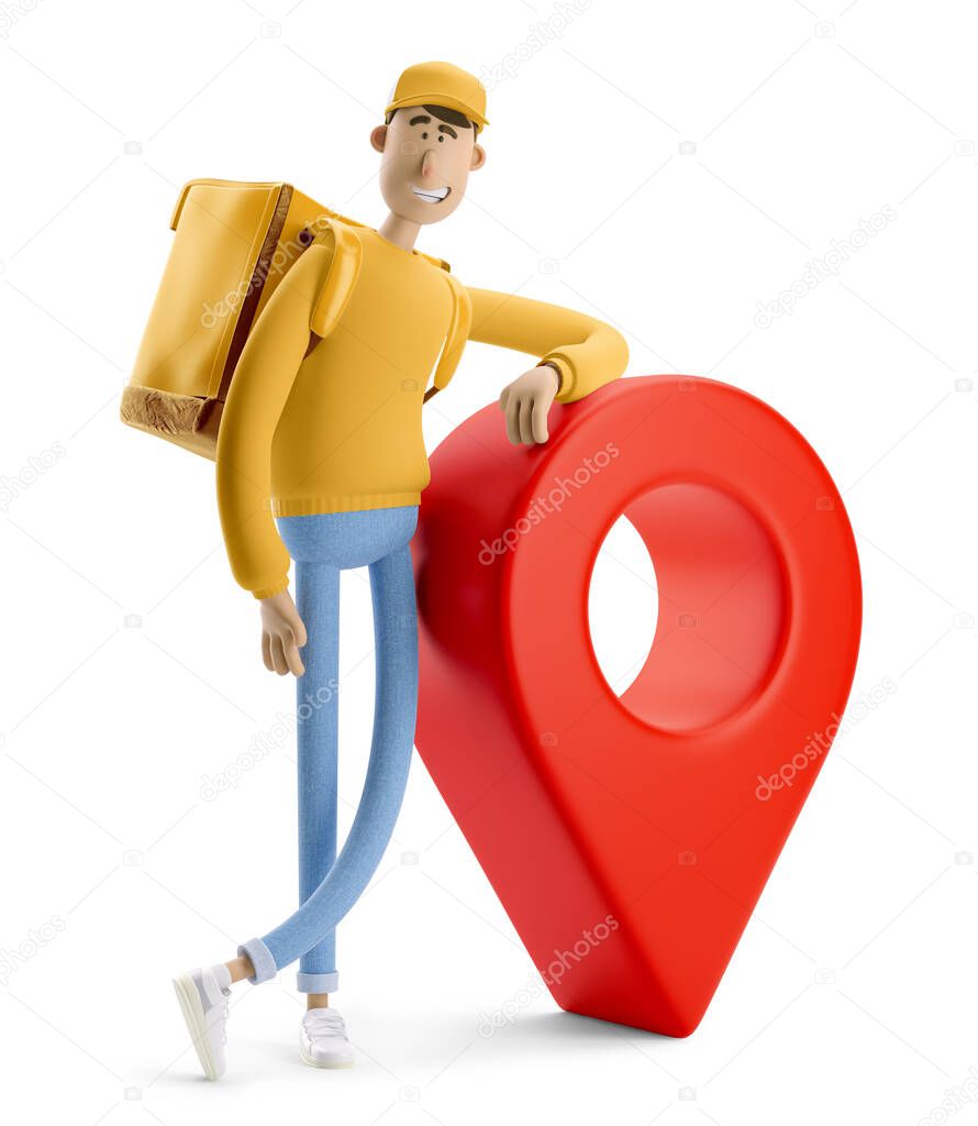 3d illustration. Cartoon character. Delivery guy in yellow uniform stands with the big bag and a red pin.