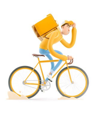 Hızlı teslimat konsepti. 3 boyutlu illüstrasyon. Çizgi film karakteri. Sarı üniformalı kurye siparişi bisikletle teslim etmek için acele ediyor..