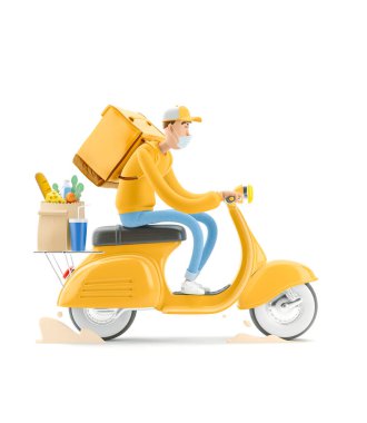 Güvenli teslimat konsepti. 3 boyutlu illüstrasyon. Çizgi film karakteri. Tıbbi maskeli ve sarı üniformalı kurye motosiklet siparişini vermek için acele ediyor..