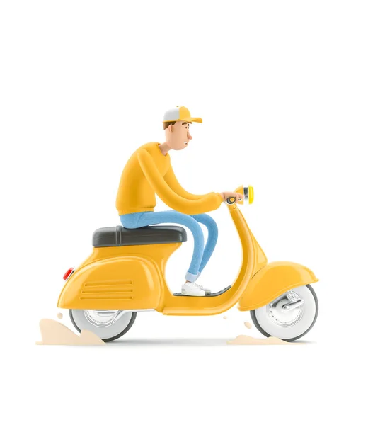 Concepto de entrega urgente. Ilustración 3d. Personaje de dibujos animados. El mensajero en uniforme amarillo tiene prisa por entregar el pedido en una moto . — Foto de Stock