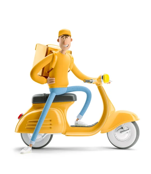 Концепция экспресс доставки. 3d иллюстрация. Персонаж мультфильма. Курьер в жёлтой форме спешит доставить заказ на мотоцикле. . — стоковое фото