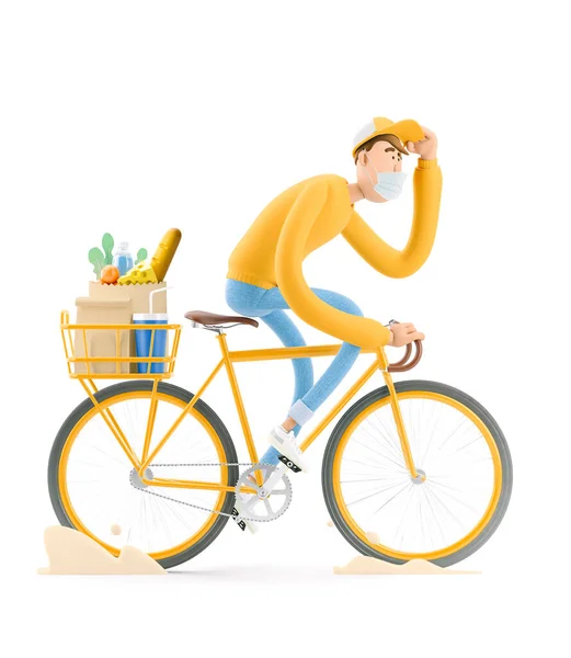 Conceito de entrega segura. Ilustração 3d. Personagem de desenhos animados. O mensageiro em uma máscara e uniforme amarelo está com pressa para entregar a ordem em uma bicicleta . — Fotografia de Stock