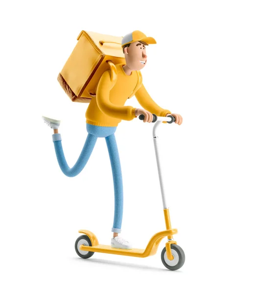 Conceito de entrega expressa. Ilustração 3d. Personagem de desenhos animados. O mensageiro em uniforme amarelo está com pressa para entregar a ordem em uma scooter . — Fotografia de Stock