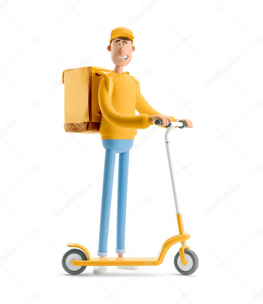 Express delivery concept. 3d illustration. Cartoon character. Delivery guy in yellow uniform stands with the big bag and a scooter.