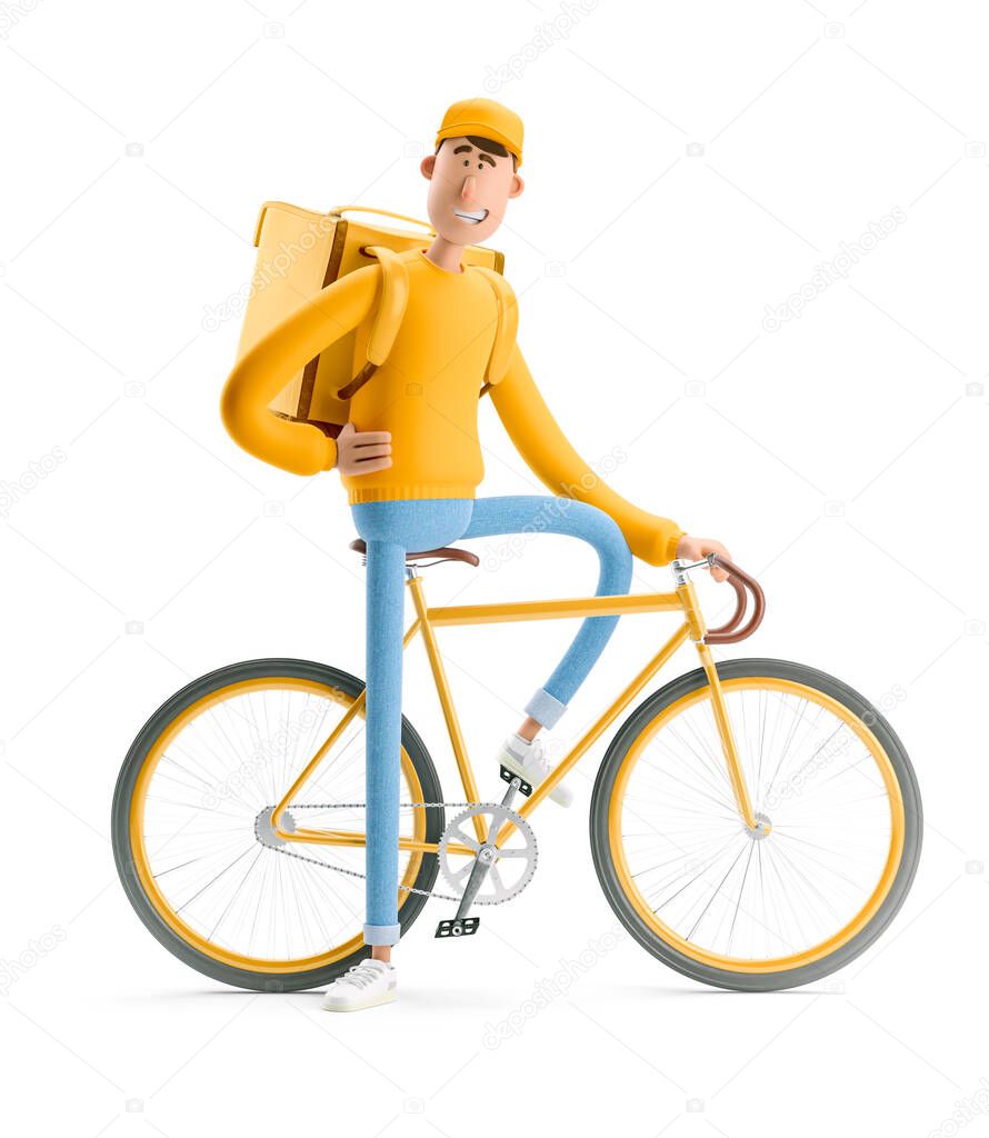 Express delivery concept. 3d illustration. Cartoon character. Delivery guy in yellow uniform stands with the big bag and bicycle.
