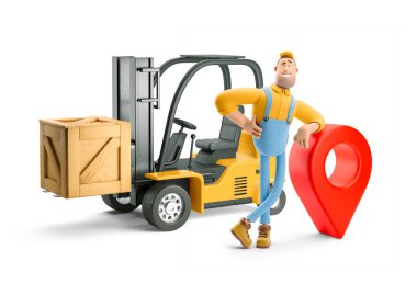 3 boyutlu illüstrasyon. Çizgi film karakteri. Bir forklift ve büyük bir iğnenin yanında duran tulumlu bir teslimatçı..