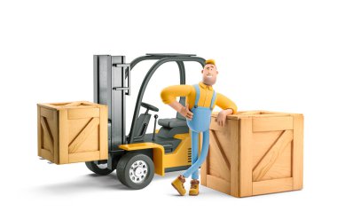 3 boyutlu illüstrasyon. Çizgi film karakteri. Bir forkliftin yanında duran tulumlu teslimatçı..