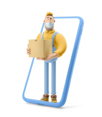 3 boyutlu illüstrasyon. Çizgi film karakteri. Tulumlu bir teslimatçı telefonun içinde duruyor ve içinde bir paket olan bir kutu tutuyor. Güvenli çevrimiçi teslimat kavramı.