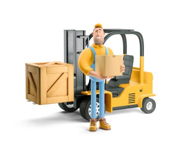 3 boyutlu illüstrasyon. Çizgi film karakteri. Bir forkliftin yanında duran tulumlu teslimatçı..