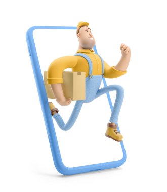 Çevrimiçi dağıtım konsepti. 3 boyutlu illüstrasyon. Çizgi film karakteri. Teslimatçı elinde paketle telefondan kaçar.. 