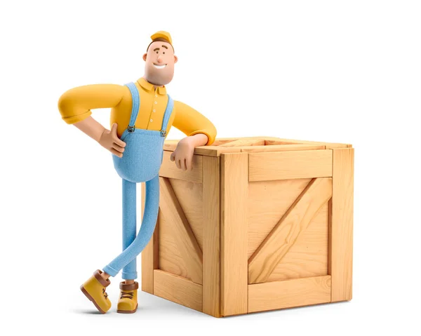 Ilustração 3d. Personagem de desenhos animados. Entregador de macacão ao lado de uma grande caixa de madeira . — Fotografia de Stock