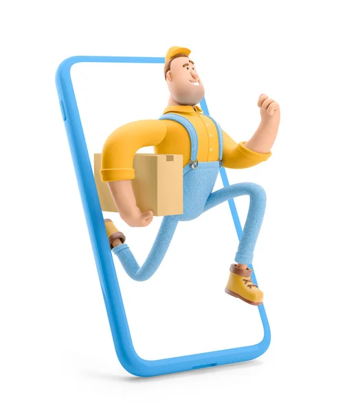 Conceito de entrega online expresso. Ilustração 3d. Personagem de desenhos animados. Entrega homem corre para fora do telefone com o pacote em suas mãos . — Fotografia de Stock