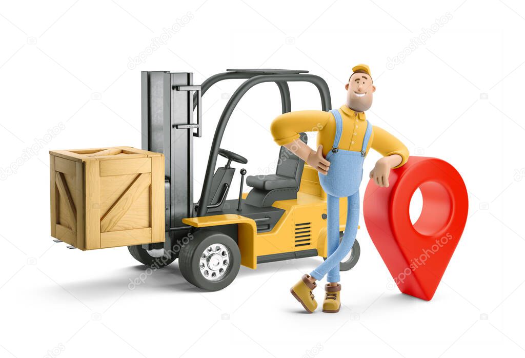 3d illustration. Cartoon character. Deliveryman in overalls standing next to a forklift and big pin.