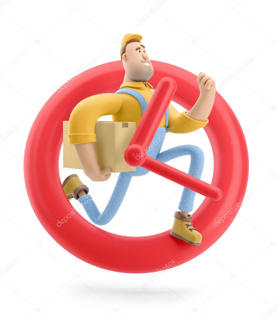 Express delivery concept. Stopwatch icon. 3d illustration. Cartoon character. Delivery man runs with the package in his hands. 