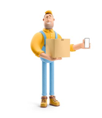 3 boyutlu illüstrasyon. Çizgi film karakteri. Tulumlu teslimatçı içinde bir paket ve telefon olan bir kutu tutuyor. Çevrimiçi dağıtım kavramı.