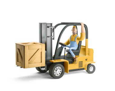 3 boyutlu illüstrasyon. Çizgi film karakteri. Tulumlu kurye, forkliftle büyük tahta bir kutuda kargo taşıyor..