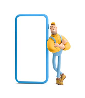 3 boyutlu illüstrasyon. Çizgi film karakteri. Tulumlu bir teslimatçı telefonun içinde duruyor ve içinde bir paket olan bir kutu tutuyor. Çevrimiçi dağıtım kavramı.
