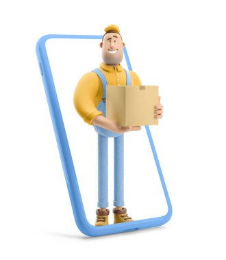 3 boyutlu illüstrasyon. Çizgi film karakteri. Tulumlu bir teslimatçı telefonun içinde duruyor ve içinde bir paket olan bir kutu tutuyor. Çevrimiçi dağıtım kavramı.