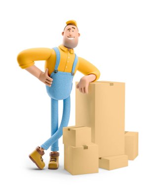 3 boyutlu illüstrasyon. Çizgi film karakteri. Tulumlu teslimatçı bir grup paketle ayakta duruyor..