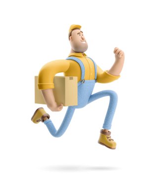 Express delivery concept. 3d illustration. Cartoon character. Delivery man runs with the package in his hands.  clipart