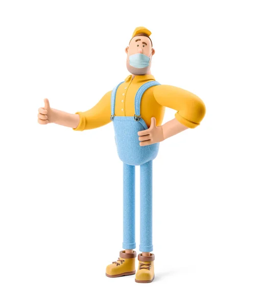 3D-illustration. Tecknad karaktär. Leverantören i overaller håller tummen upp. Koncept för säker leverans. — Stockfoto